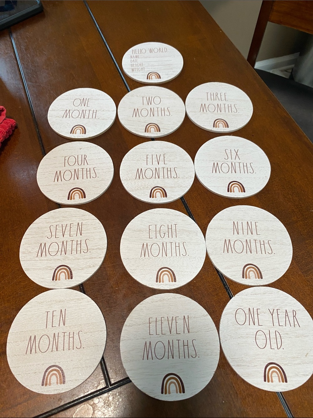 Rae Dunn Neutral Wood Monthly Milestone Discs with Brown Rainbow